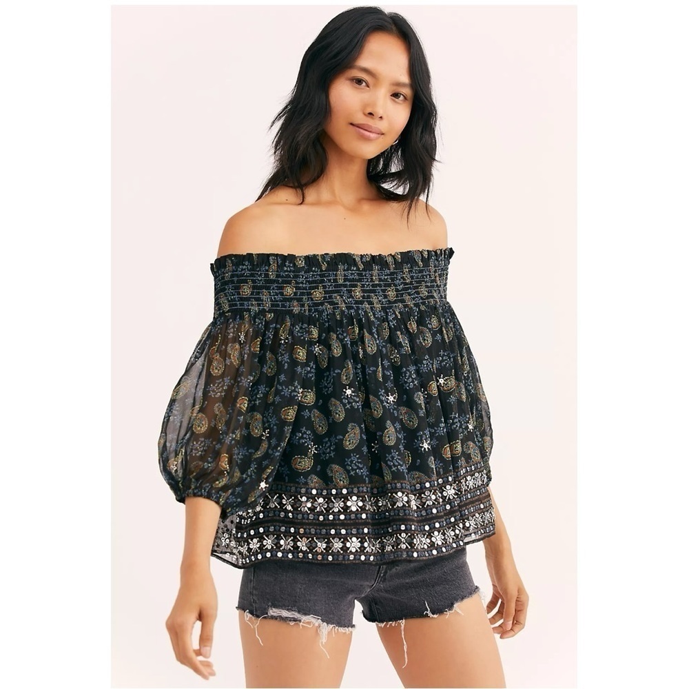 Free People Bohemian Beaded Off Shoulders Age Of Aquarius Paisley Top Small